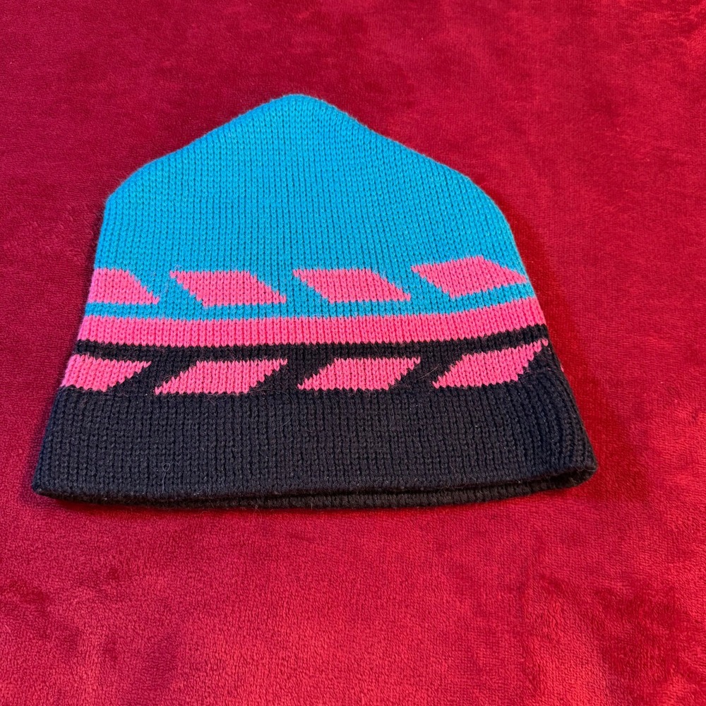 Vintage Profile Knit Beanie Hat Teal Pink Black Geometric Retro‎ 80s 90s Ski
